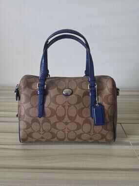 Coach Peyton Signature Bennett Satchel Brown Blue Patent Leather